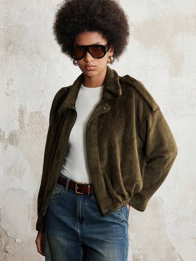 Lumivelle Chaqueta de mujer con cuello regular y hombros caídos, con forma de capullo, de tela corta y esponjosa, adecuada para uso al aire libre, ir al trabajo y uso general, abrigo de piel sintética