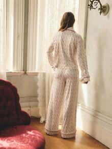 Aralina 睡衣女式 2 件套罗纹花卉印花领扣长袖衬衫和阔腿长裤，撞色滚边和金色纽扣配套套装，可爱舒适睡衣，圣诞睡衣 - 彩色 - 查看 3