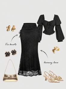 SHEIN MOD 高腰侧抽绳鱼尾褶皱蕾丝长裙，黑色，优雅，圣诞节 - 黑色 - 查看 4