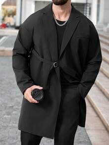 Manfinity CasualCool Áo khoác trench coat trơn màu thường ngày cho nam, màu đen, phong cách Old Money, mùa thu - màu đen - Xem 3