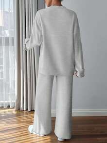 EURMUSE Women Button Detailed Sweater And Pant Set - Light Grey - View 2