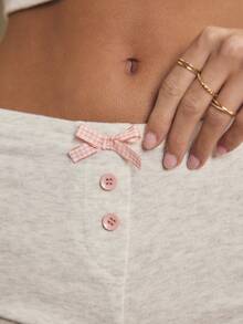 Aralina Christmas Holiday Season Lounge LineWomen's 2pcs Grey Marle Fabric Lace Trim Detail Cami With Gingham / Plaid Bow With Matching Shortie Lingerie Vacation Outfits Women Two Pieces Set - Light Grey - View 7