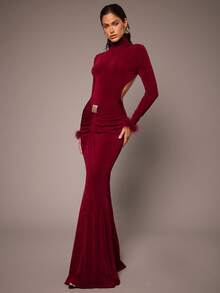 Silquee Rochie elegantă cu guler înalt și mânecă lungă, romantică toamnă/iarnă, roșu solid, vișiniu, bordeaux, pentru femei, design sexy fără spate, decor metalic, talie încrețită, culori bordeaux și roșu cărămiziu, rochie cu mânecă lungă tricotată cu elastic - Burgundia - Vizualizare 7