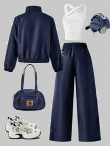 Sparklyn 3 件套女童服装：带蝴蝶结装饰的黑色拉链夹克、白色交叉肩带背心、蝴蝶结装饰阔腿裤，适合外出、度假、娱乐、户外、返校 - 藏蓝色 - 查看 2