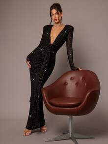 Silquee 女式优雅亮片透视褶饰长袖深V领超长派对连衣裙，秋冬 - 黑色 - 查看 6