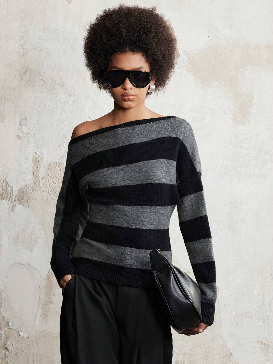 SHEIN LUNE Fashionable Contrast Stripe Asymmetric Shoulder Sweater, Autumn/Winter - Multicolor - View 1