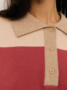 Nöista Relaxed Knit Rugby-Style Sweater Featuring Wide Horizontal Stripes In Beige And Deep Brick Red, With A Classic Polo Collar Button Placket. - Dusty Pink - View 5