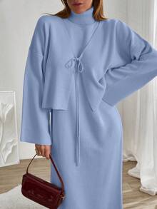 EURMUSE Women Sleeveless High Neck Sweater Dress With Cardigan - Baby Blue - View 3