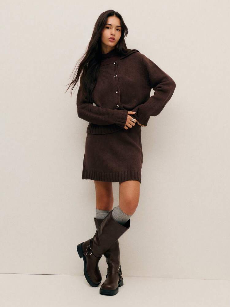 Nöista Elegant Two Pieces Sweater Set In Dark Brown,Autumn Everyday Loose Straight Silhouette With Metallic Decorative Buttons For Holiday Season Gatherings - Coffee Brown - View 5