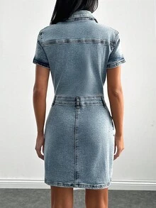 RueChic Mini Button And Belt Detailed Denim Dress - Baby Blue - View 2