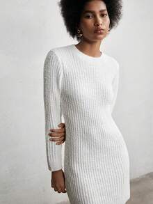 Lumivelle Women's Round Neck A-Line Hem Single-Sided Soft Fleece Casual Sweater Dress - White - View 4