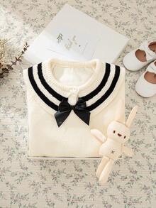 Souflis Souflis Baby Girls' Knitted Romper, Baby White Long Sleeve Jumpsuit With Black Bow, Suitable For Home, Casual Wear, Outings, Parties, Birthday Gift - Apricot - View 3