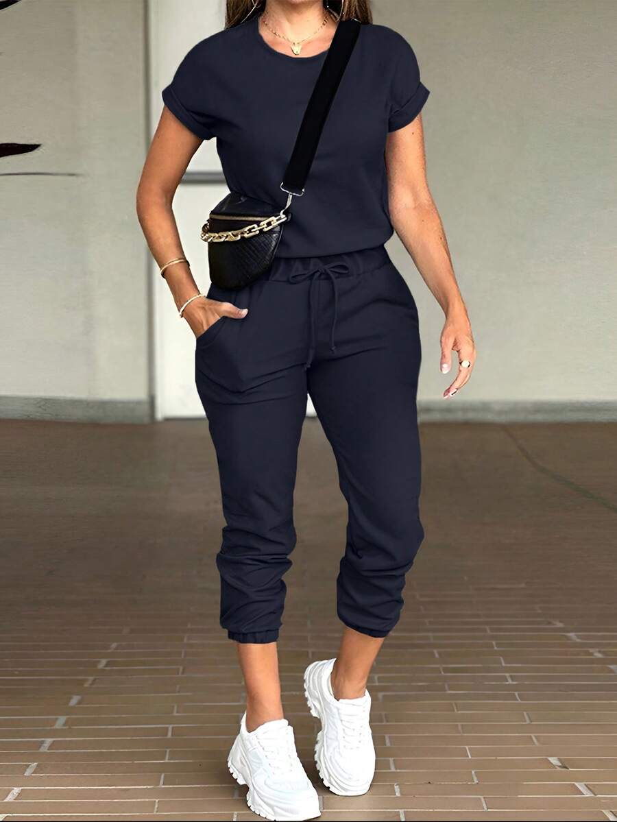 INAWLY 女士纯色短袖抽绳系带连体裤 - 藍色 - 查看 1