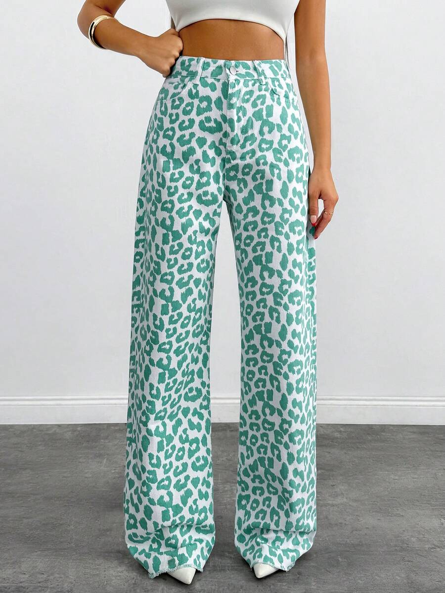 SHEIN Tall 100% 纯棉中腰宽腿豹纹高腰牛仔裤 - 彩色 - 查看 1