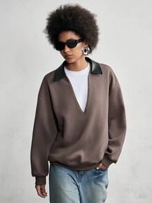 Lumivelle Women's Contrast Color Collar Patchwork PU Leather Deep V Loose Sweatshirt