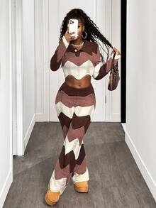 BamGleam Conjunto de pantalones de punto con rayas onduladas para mujer, otoño/invierno - Multicolor - Ver 5