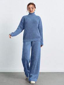 SHEIN Tall 高領落肩袖毛衣與長褲套裝，女款套裝，小碼套裝，套裝，小碼，冬季衣物，高個子女性 - 霧霾藍 - 查看 6