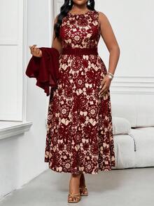 SHEIN Lady 2 件大码女士商务抽象波浪印花简约圆领系带假日中长连衣裙套装外出装两件套服装 - 酒紅色 - 查看 3