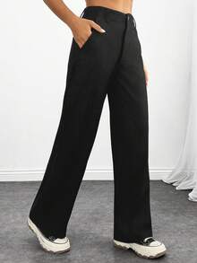 SHEIN Tall Women's High Waist Black Velvet Pants - Black - View 7