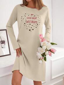 EURMUSE Women Contrast Colour Lettered Round Neck Long Sleeve Homewear Pajama Dress - Beige - View 5