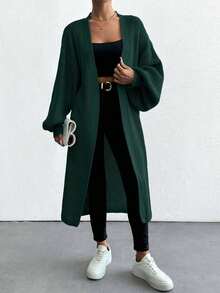 EURMUSE 女士休闲纯色长款开衫，秋冬 - 墨綠色 - 查看 3