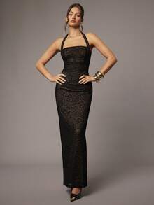 Silquee 女士黑色植绒花卉露背性感优雅长裙，适合日常约会、夜总会派对、聚会、优雅派对、日常约会 - 黑色 - 查看 1