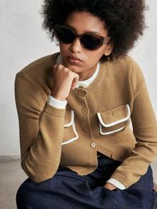 SHEIN Luminelle 女士复古魅力撞色拼布针织开衫，秋季新品 - 駝色 - 查看 1