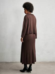 SHEIN LUNE Fashionable Commuter Polo Collar Loose Knit Sweater And Skirt Set - Coffee Brown - View 2