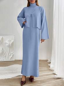 EURMUSE Women Sleeveless High Neck Sweater Dress With Cardigan - Baby Blue - View 6