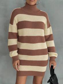 EURMUSE Women Drop Shoulder Sweater Dress With Striped Pattern - Dusty Pink - View 4
