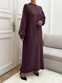 SHEIN Tall Abito maglione casual in maglia a costine, maniche lunghe, girocollo, lunghezza maxi, per donne alte - Bordò - Visualizzare 3
