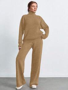 SHEIN Tall 高領落肩袖毛衣褲套裝，女款套裝，小碼套裝，套裝，小碼，冬季衣物，高個子女性 - 米色 - 查看 5