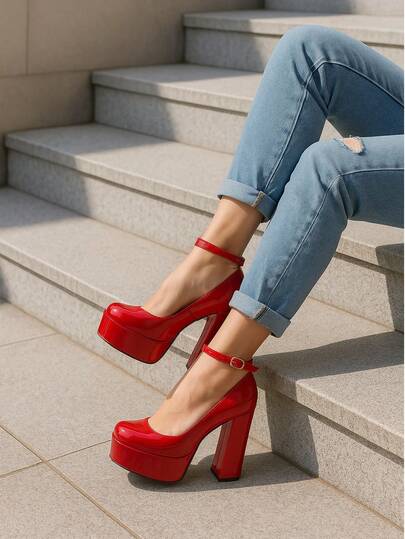 La Caprichosa zapatos de tacón grueso con plataforma elegante, tacones altos con pulsera ajustable al tobillo, zapatos de fiesta con tacón cuadrado y plataforma, tacones recubierto con punta redonda y correa, zapatos de moda con tacón ancho y pulsera, zapatos femeninos con plataforma y acabado brillante, tacones clásicos con pulsera de hebilla, zapatos de vestir con tacón alto y plataforma, tacones modernos para ocasiones especiales