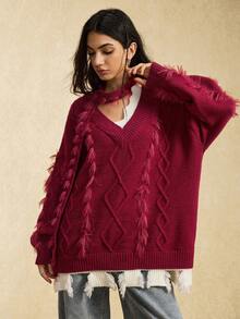 Easelle Suéter holgado y casual de mujer con diseño 2 en 1 y bufanda - Burdeos - Ver 1