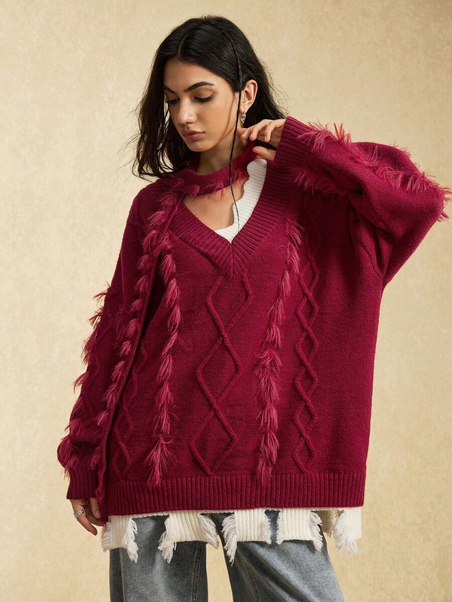 Easelle Suéter holgado y casual de mujer con diseño 2 en 1 y bufanda - Burdeos - Ver 1