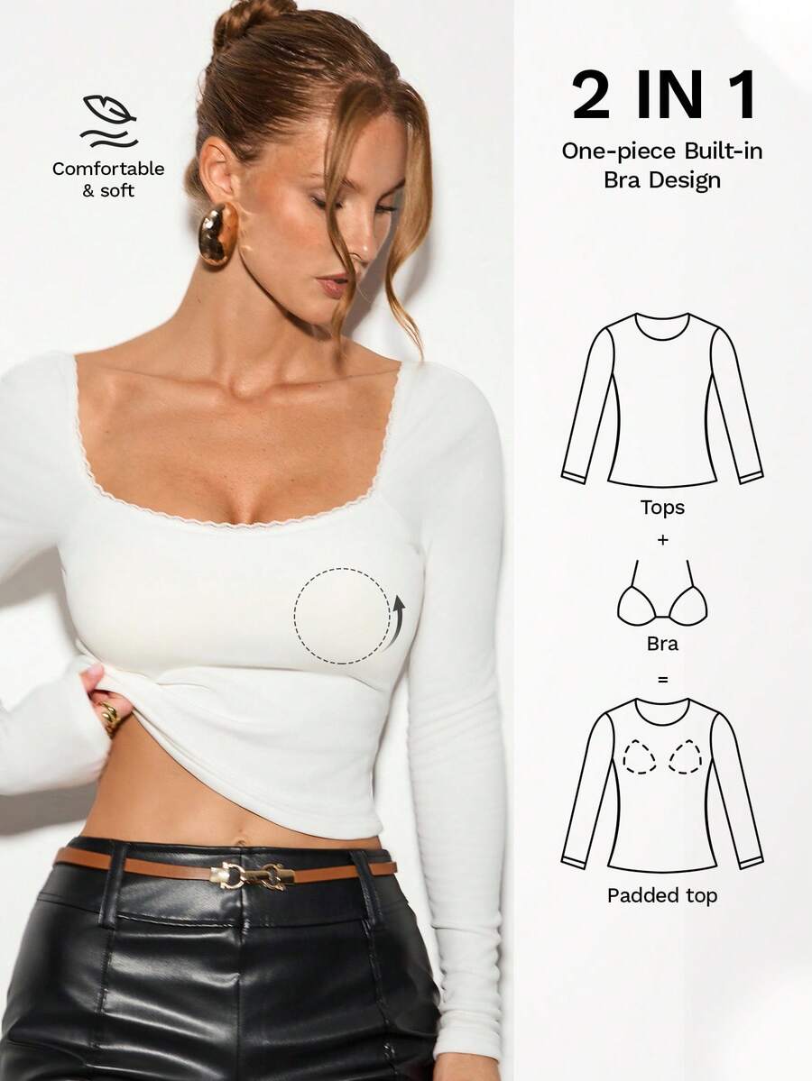 Nuvra 1pc Women's Slim Fit Solid Color Square Neck Long Sleeve Top - White - View 1