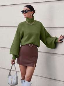 Women's Lantern Sleeve Casual Knitted Sweater, High Neck Floral Textured Pullover,Jumper,Cream Jumper,Jumpers,Black Jumper,Womens Jumper,White Jumper,Women's Jumper,Women's Jumpers,Winter Clothes