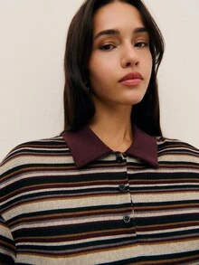 Nöista Long-Sleeve Striped Polo In A Soft Mid-Weight Knit With A Relaxed Preppy Feel, Offering A Versatile Layer That Pairs Easily With Jeans And Works Seamlessly For Women's Winter Outfits, Cozy Weekend Looks, Casual Seasonal Styling, Christmas Gatherings And Polished New Year Ensembles. - Multicolor - View 5