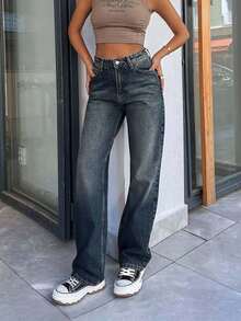 SHEIN Tall 100% Cotton HIGH RISE STRAIGHT CUT Y2K STYLE JEAN, Tall Women - Light Wash - View 4