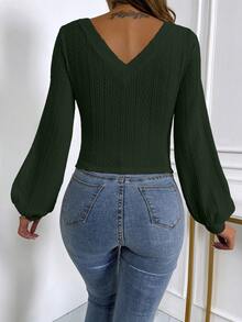 Chiquease Casual Solid Color Textured Lantern Sleeve T-Shirt, Autumn - Army Green - View 2