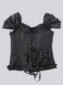 Sweetra 女式荷叶边饰边系带后背紧身胸衣上衣，塑身紧身胸衣复古提花上衣，女士休闲不对称，荷叶边，系带插肩袖露肩修身黑色纯色女式上衣，春夏，休闲日常穿着