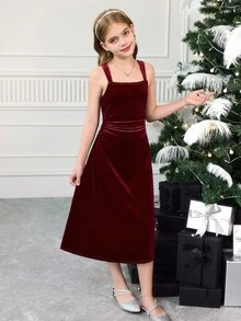 Serisse Kids Váy suông màu đỏ tía cho bé gái tuổi mới lớn, váy midi dài thanh lịch, cổ vuông nhún bèo, váy dạ hội màu đỏ tía, trang phục sinh nhật, năm mới, trang phục dự tiệc, váy đêm giao thừa, tặng quà, váy dự tiệc Valentine, váy ngày lễ, váy thanh lịch, váy dạ hội, váy năm mới, váy giáng sinh - Màu Đỏ Sâu - Xem 8