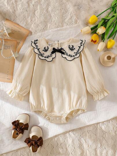 Playful Pals Baby Girls' Countryside Embroidered Peter Pan Collar Bow Frill Cuff Long Sleeve Bodysuit, Autumn