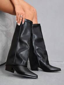 CUCCOO SZL Bottes hautes à bout pointu et enfiler pour femmes, en cuir lisse noir avec talon épais, mi-mollet, sexy et polyvalentes