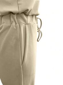 INAWLY 女士纯色圆领抽绳口袋休闲短袖连体裤 - 卡其色 - 查看 3