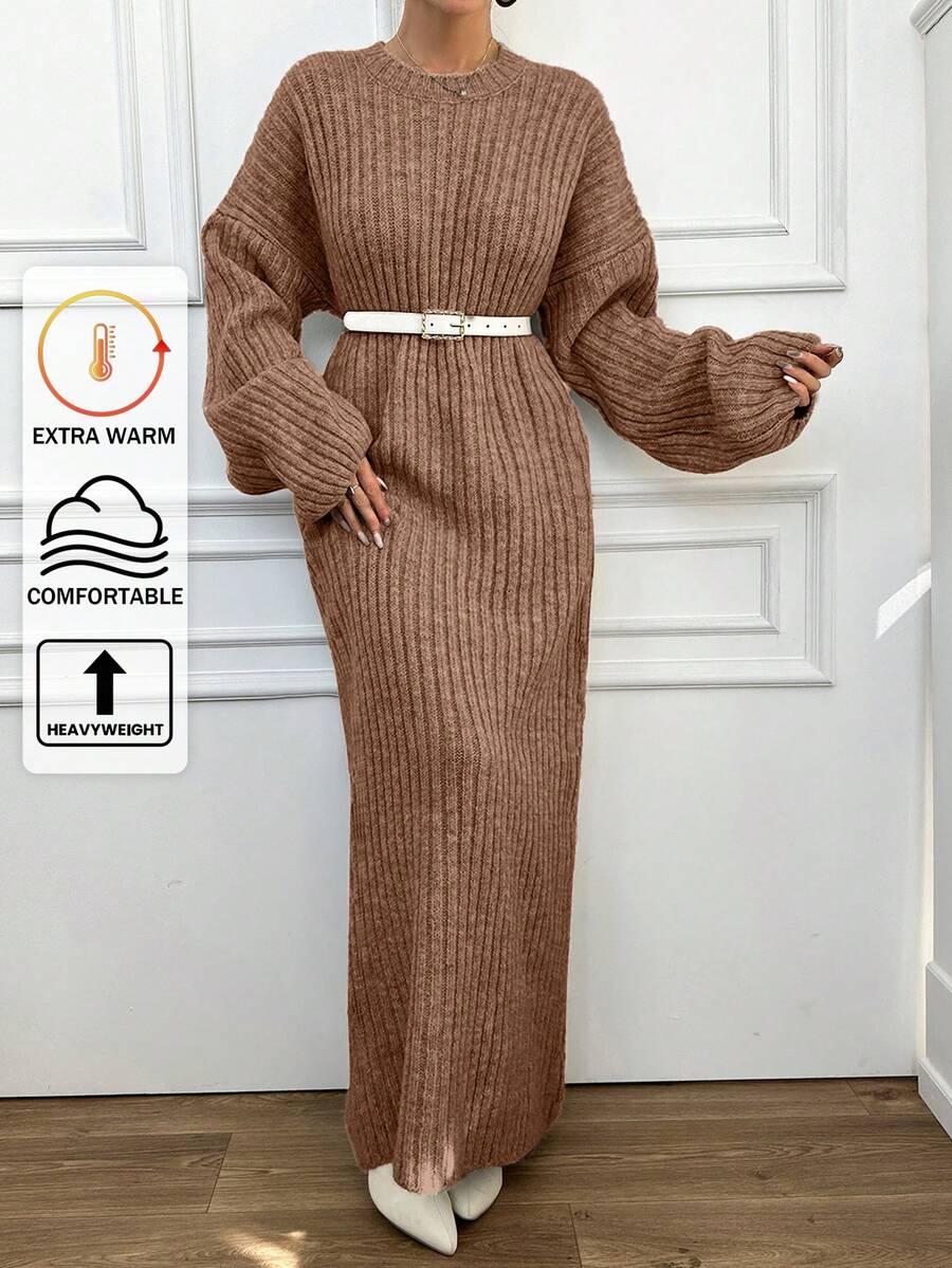 EURMUSE Women's Solid Color Drop Shoulder Long Sleeve Knit Casual Dress,Petite - Krem - View 1