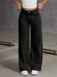 EURMUSE 女士刺绣蝴蝶结水洗直筒宽松牛仔裤加厚牛仔裤 - 黑色 - 查看 6