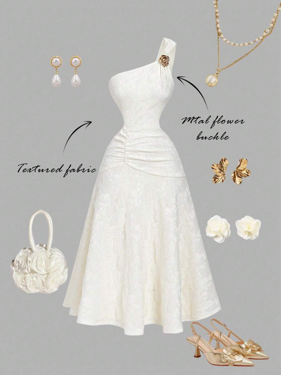 SHEIN MOD 金属花朵装饰不对称下摆提花针织中长连衣裙 白色优雅连衣裙 白色复古连衣裙 白色晚礼服 白色教堂礼服，女士冬季连衣裙，派对连衣裙，连衣裙，优雅派对连衣裙，女士婚礼宾客连衣裙 彩排晚宴连衣裙 白色单肩连衣裙 纹理白色连衣裙 - 杏色 - 查看 1