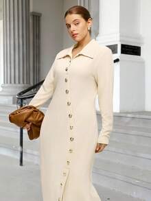Calvaya Plus Size Women's Solid Color Long Sleeve Button Design Fitted Textured Bodycon Elegant Dress Fall Cloth For Women - Apricot - View 1