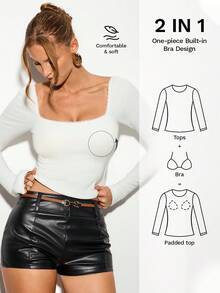 Nuvra 1pc Women's Slim Fit Solid Color Square Neck Long Sleeve Top - White - View 4